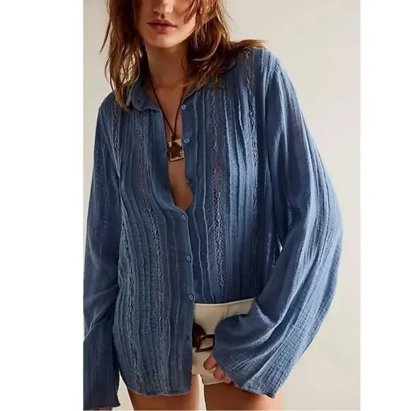 Free People FP One Mila Shirt Blue Ethereal Dainty Romantic Lace Gauze Medium